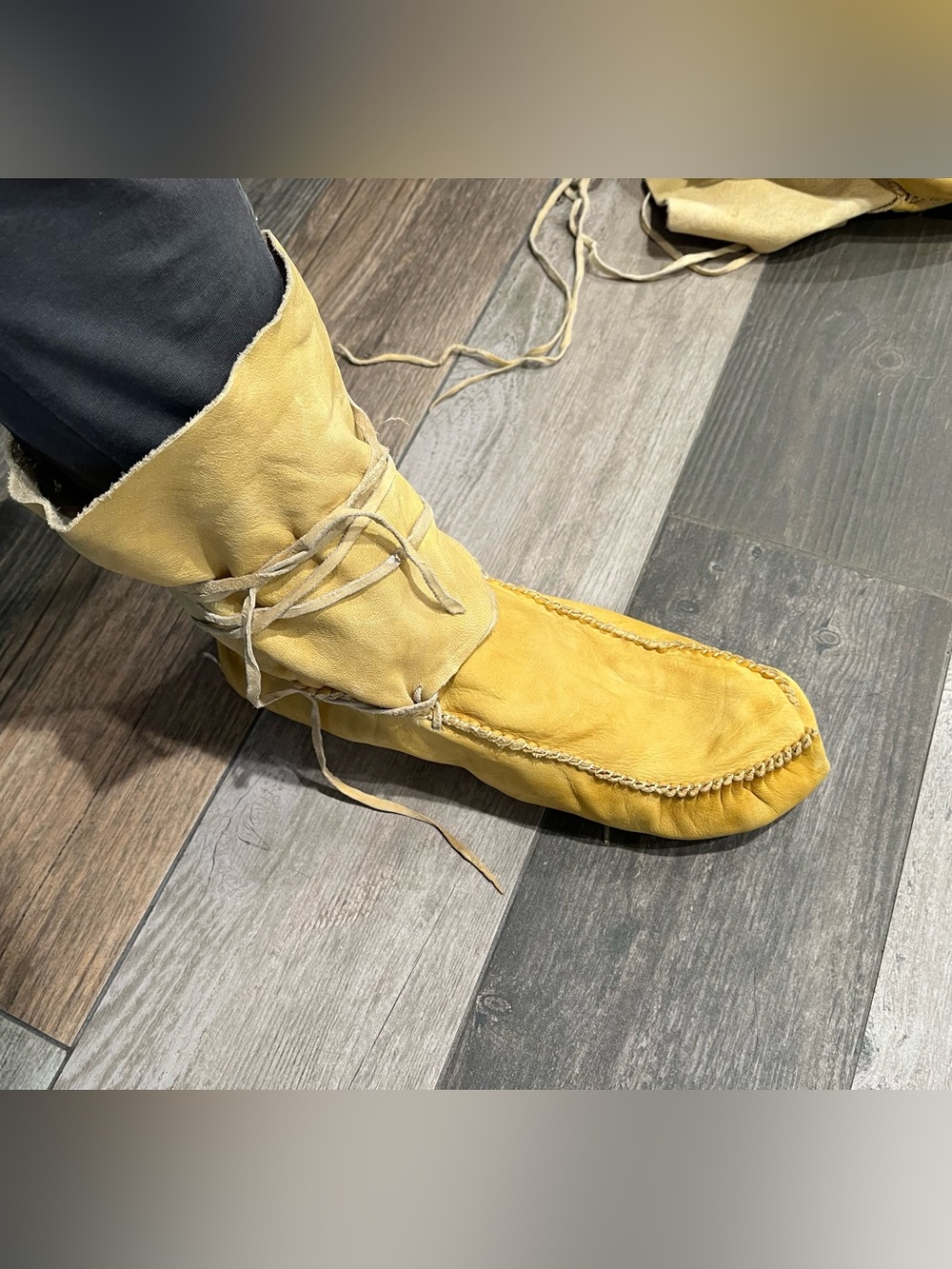 Handmade Yellow Leather Wrap Around Moccasins Soft Sole Leather Boots Size 11"
